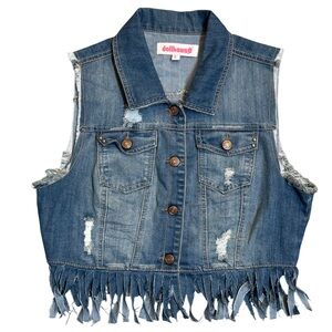 Dollhouse Distressed Denim Vest with Fringe Size Large